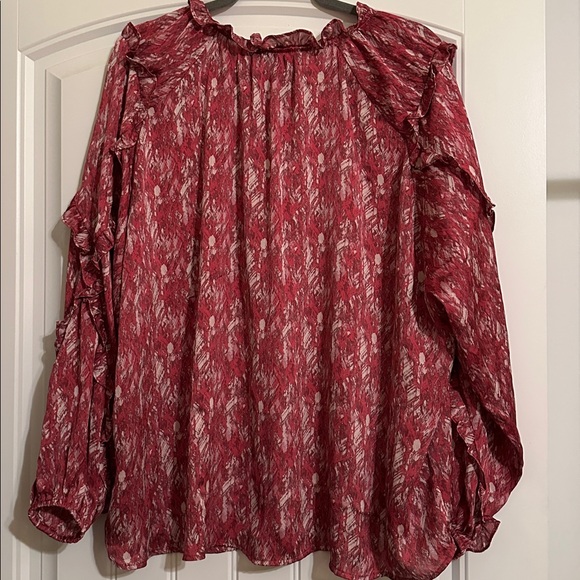 Size 2X Ophelia Roe Women's Pink Sheer Patterned Ruffled Sleeve Blouse - Picture 5 of 5